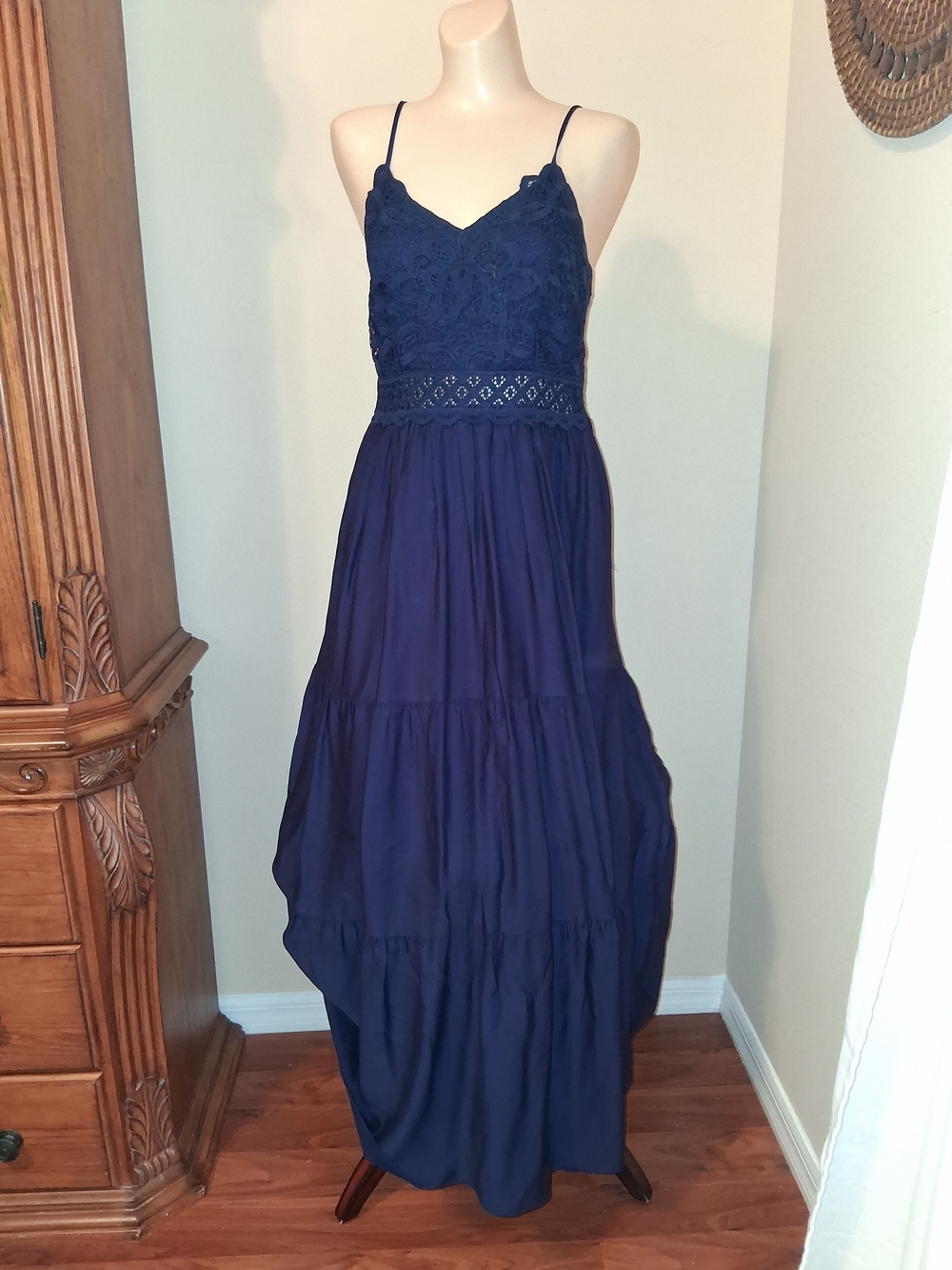 Spaghetti Strap Navy Lace Bodice Maxi Dress